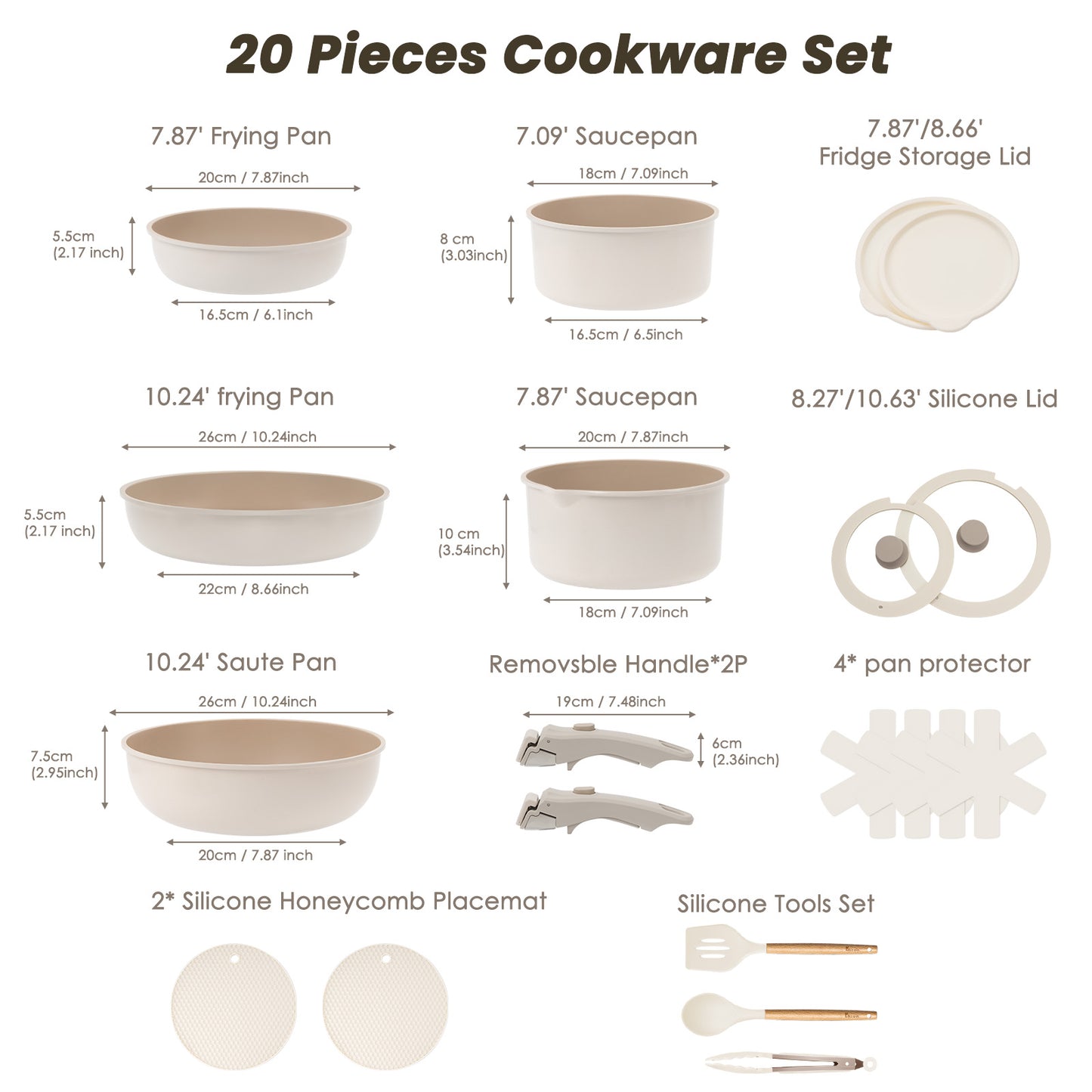 Kikcoin 20pcs Non-Stick Cookware Set, Non-Toxic Coating Pot & Pan Set with Removable Handles, Induction/Oven Safe to Use(Beige)