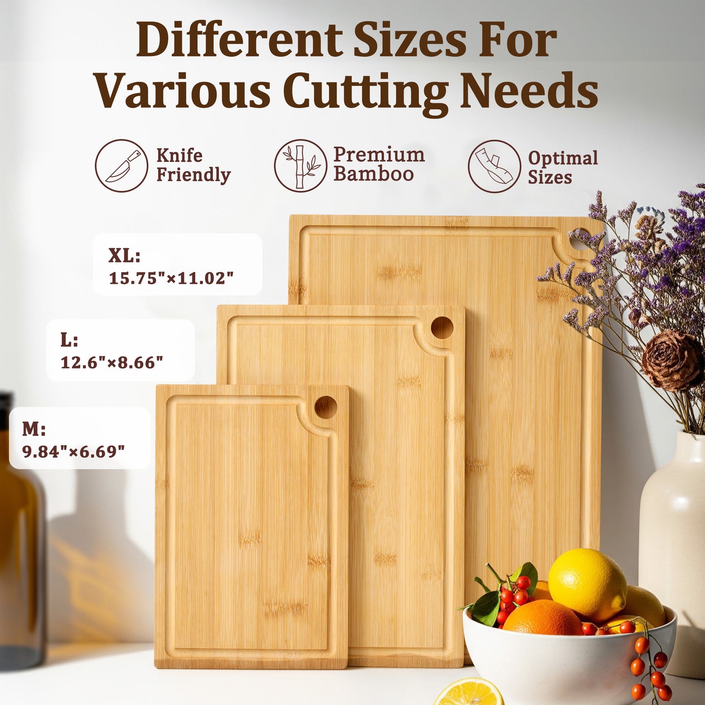 Kikcoin Bamboo Cutting Board, 3 Pcs Cutting Board with 3 Hooks, Wood Chopping Boards for Kitchen, Deep Juice Groove for Vegetables and Meat