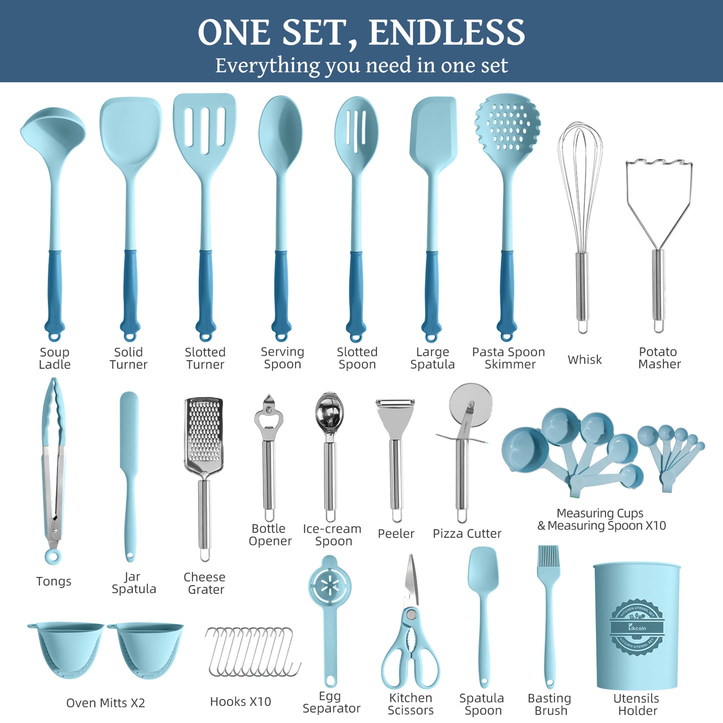 Kikcoin 43Pcs Large Kitchen Utensils Set - Silicone Cooking Utensils Set, Dishwasher Safe Spatula Set for Non-stick Cookware, 446°F Heat Resistant Kitchen Utensils Set with Holder BPA Free, Blue