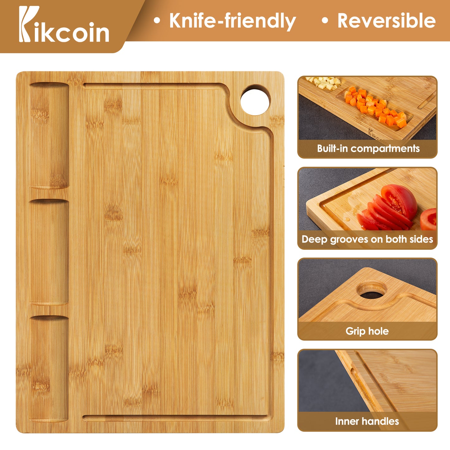Bamboo Cutting Boards for Kitchen, (Set of 3) Kitchen Chopping Board with 3 Built-In Compartments and Juice Groove Heavy Duty Serving Tray Wood Butcher Block and Wooden Carving Board, Kikcoin