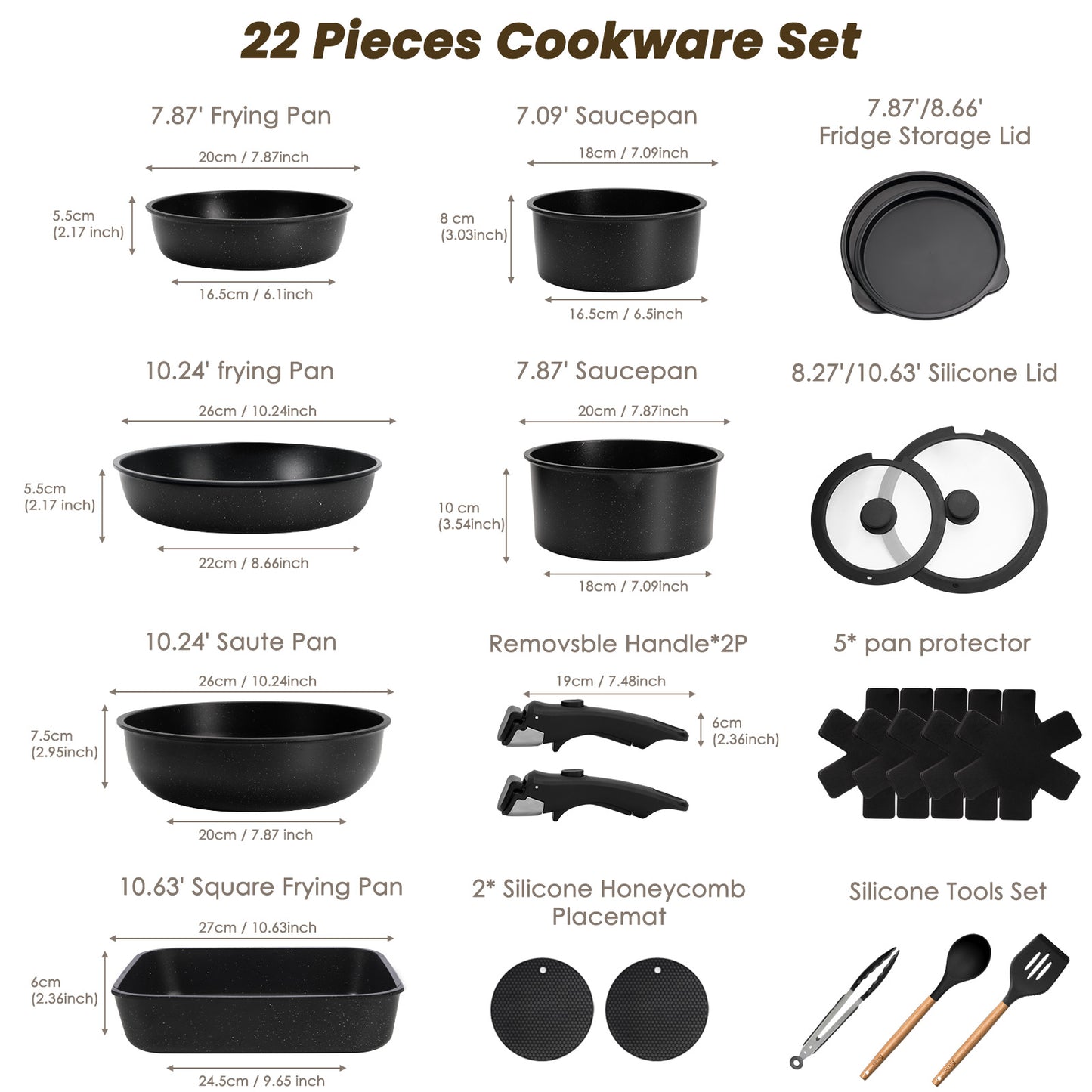 Kikcoin 22 pieces Pots and Pans Set Non-toxic, 6 Nonstick pots Cookware Set with Detachable Handles, Dishwasher Safe(Black)