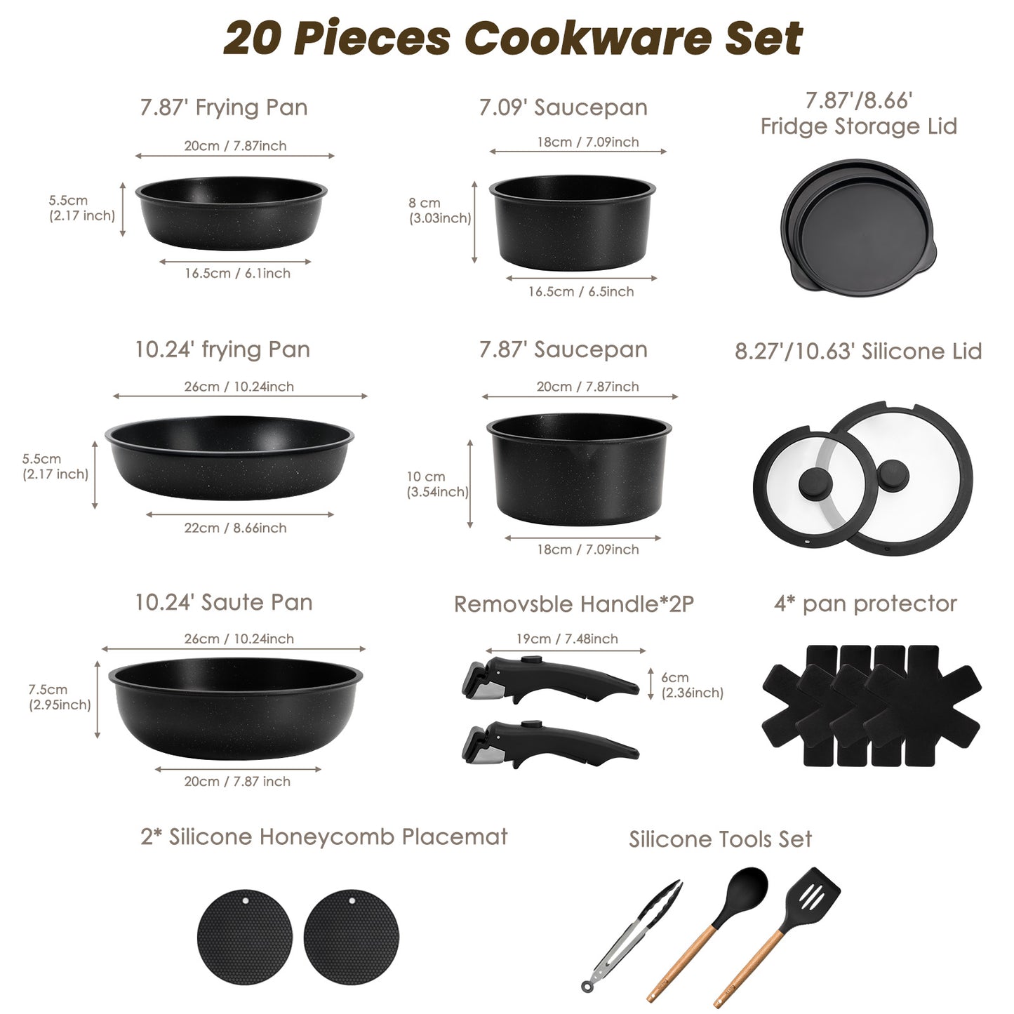 Kikcoin 20pcs Non-Stick Cookware Set, Non-Toxic Coating Pot & Pan Set with Removable Handles, Induction/Oven Safe to Use(Black)