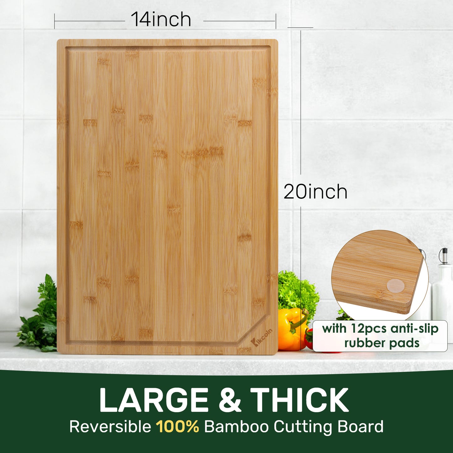 Kikcoin Bamboo Cutting Boards for Kitchen, Large Wood Chopping Board with Deep Juice Groove and Inner Handle, 2XL, 20" x 14"