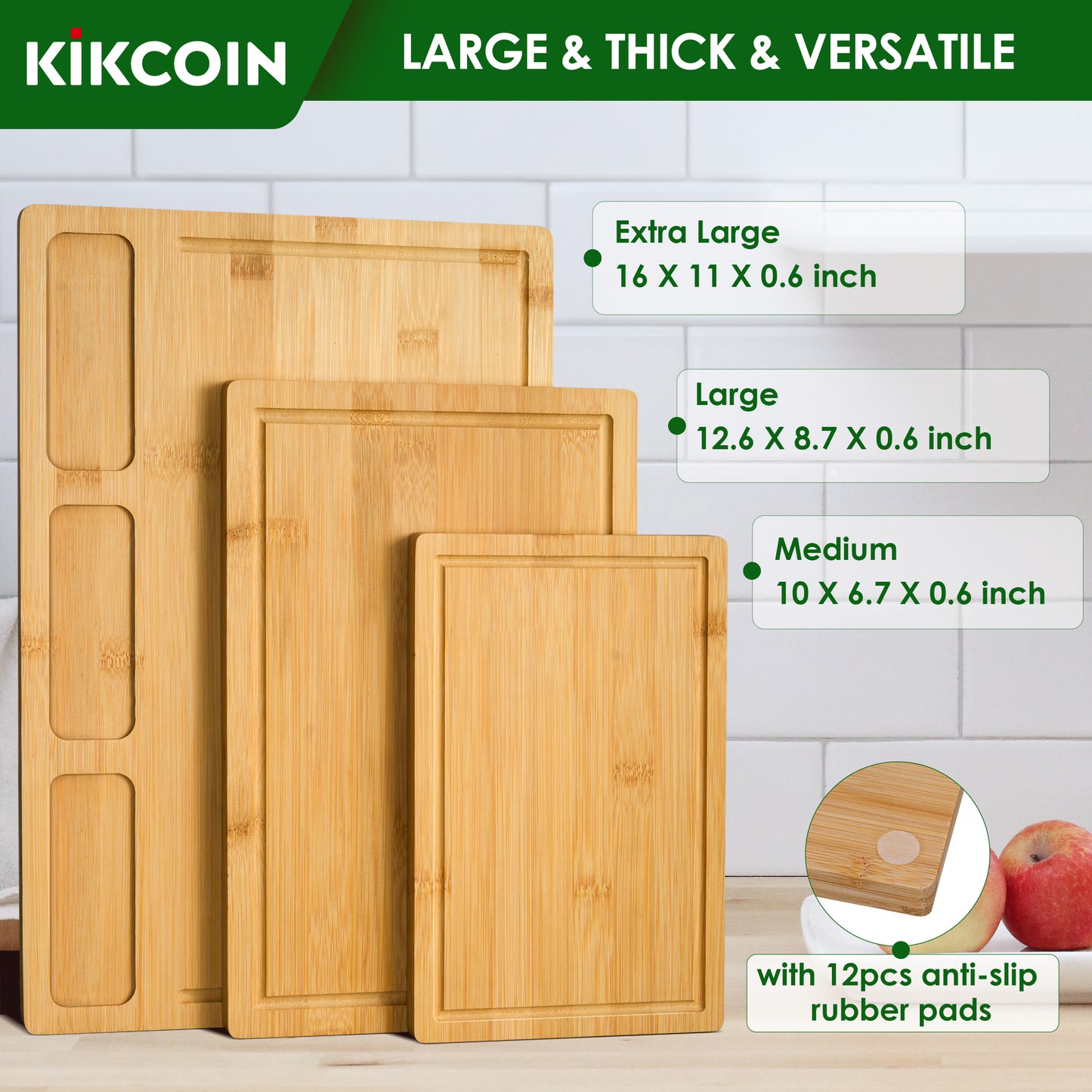 Kikcoin Cutting Board Set of 3, Bamboo Cutting Boards for Kitchen with Juice Groove and 3 Built-In Compartments, Heavy Duty Wooden Chopping Board