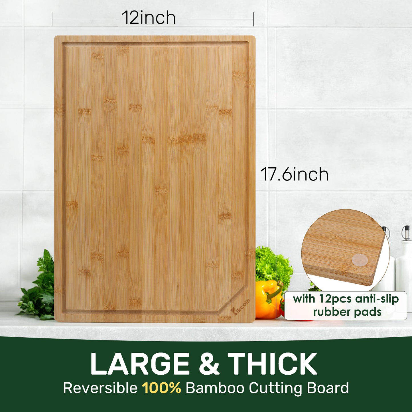 Kikcoin Bamboo Cutting Boards for Kitchen, Extra Large Wood Chopping Board with Deep Juice Groove and Inner Handle, 3XL, 24" x 18"