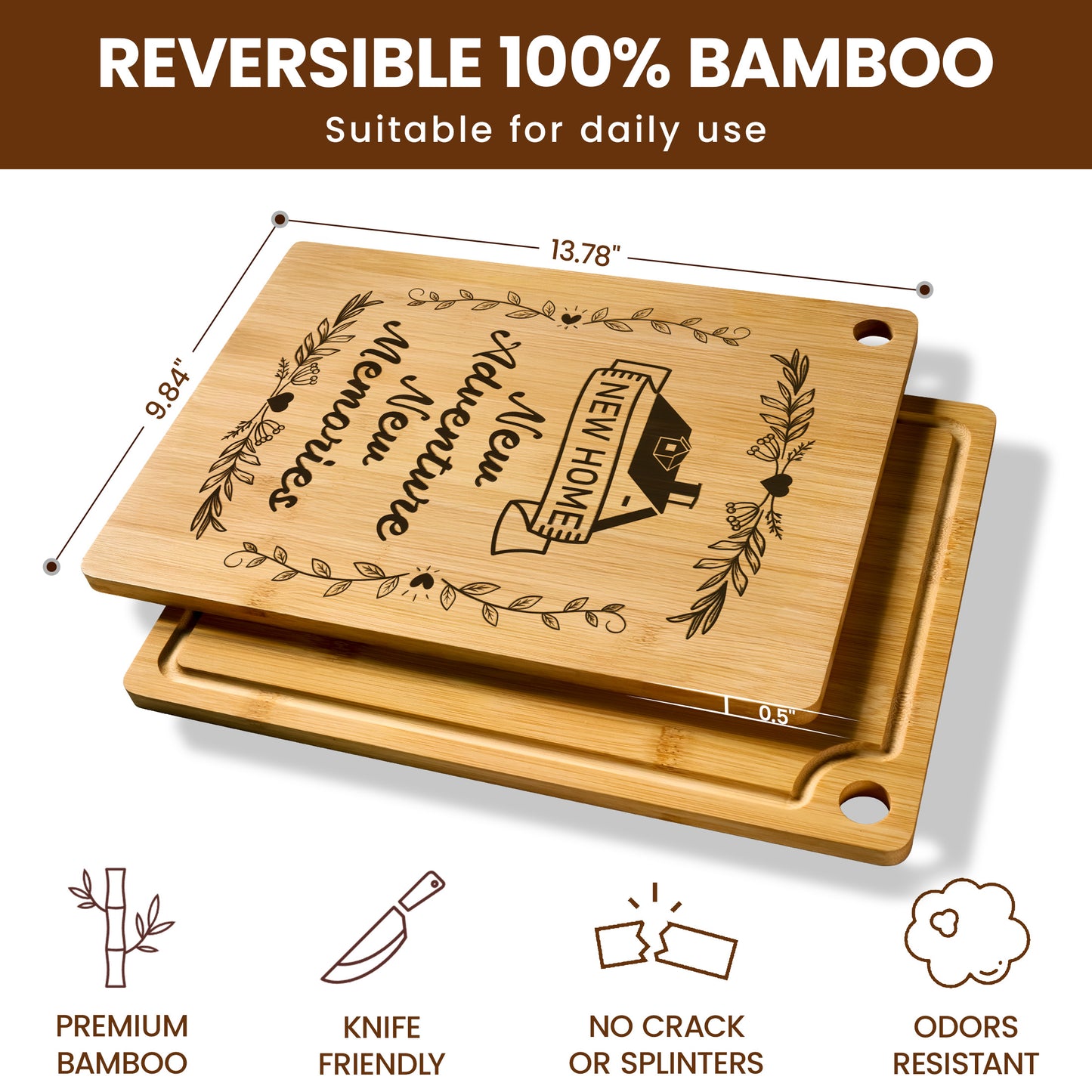 Kikcoin Cutting Board, 13.78" Moving-in Gift Carved Cutting Board, Perfect for Couples, Neighbors, Friends, and Family – New Adventure, New Memories