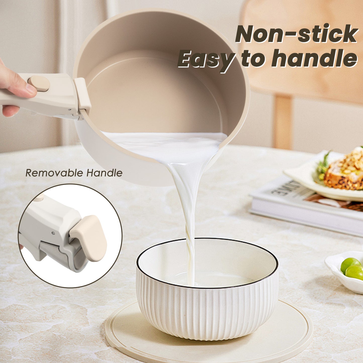 Kikcoin 22 pieces Pots and Pans Set Non-toxic, Nonstick Cookware Set with Detachable Handles, Dishwasher Safe(Beige)