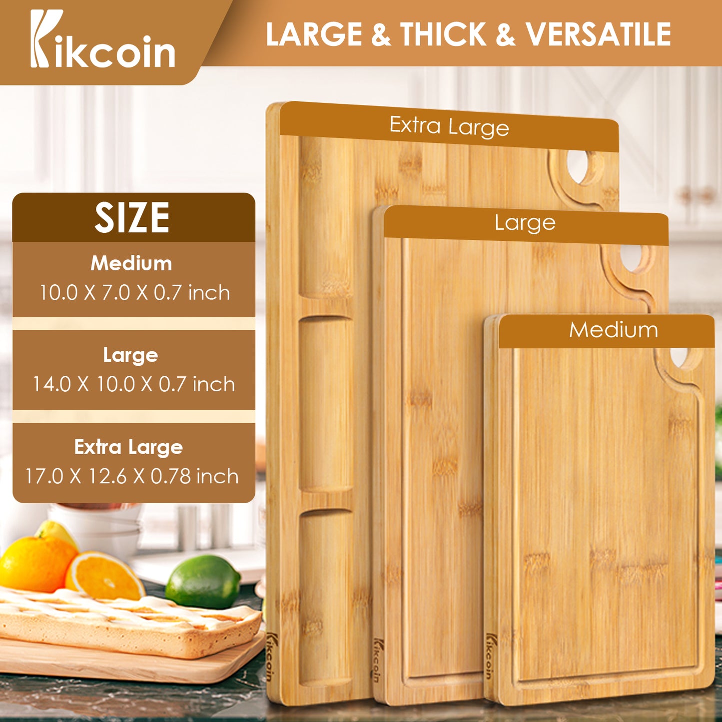 Bamboo Cutting Boards for Kitchen, (Set of 3) Kitchen Chopping Board with 3 Built-In Compartments and Juice Groove Heavy Duty Serving Tray Wood Butcher Block and Wooden Carving Board, Kikcoin