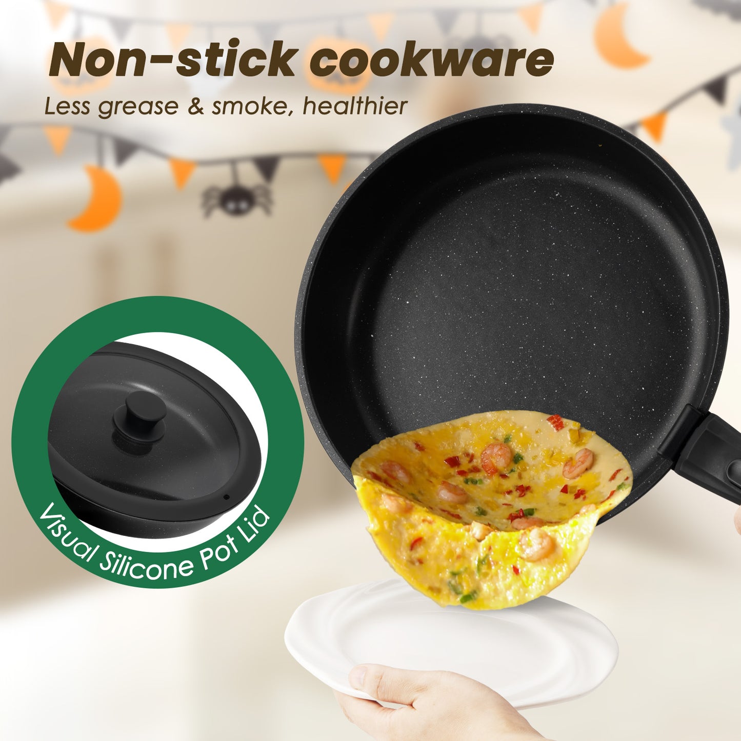 Kikcoin 20pcs Non-Stick Cookware Set, Non-Toxic Coating Pot & Pan Set with Removable Handles, Induction/Oven Safe to Use(Black)