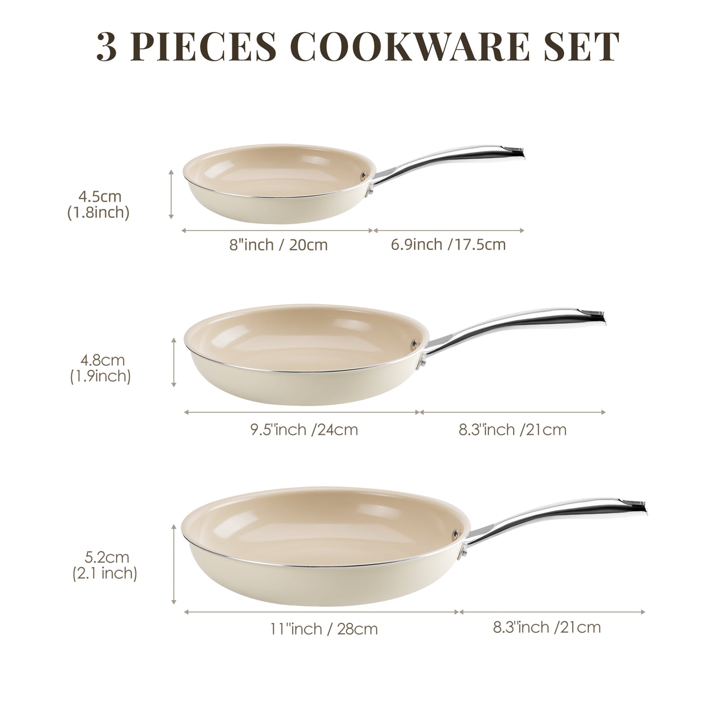Kikcoin 3 pack Non-Stick Ceramic Frying Pan Set, Healthy Cookware Skillet Set with Stay Cool Handles, Induction Safe, Beige and Khaki (8"+9.5"+11")