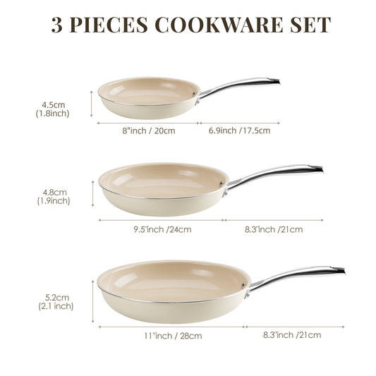 Kikcoin 3 pack Non-Stick Ceramic Frying Pan Set, Healthy Cookware Skillet Set with Stay Cool Handles, Induction Safe, Beige and Khaki (8"+9.5"+11")