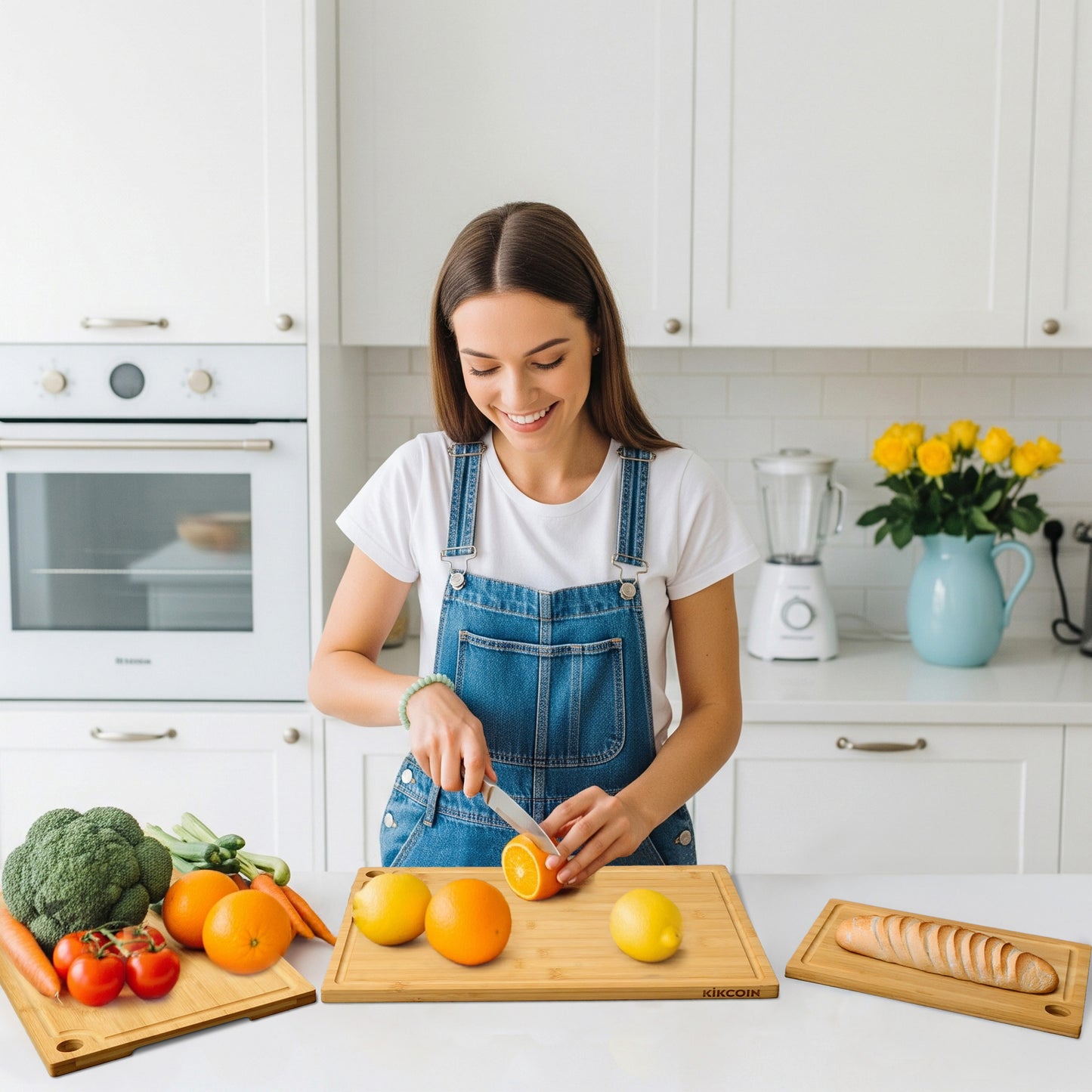 Kikcoin Bamboo Cutting Board, 3 Pcs Cutting Board with 3 Hooks, Wood Chopping Boards for Kitchen, Deep Juice Groove for Vegetables and Meat