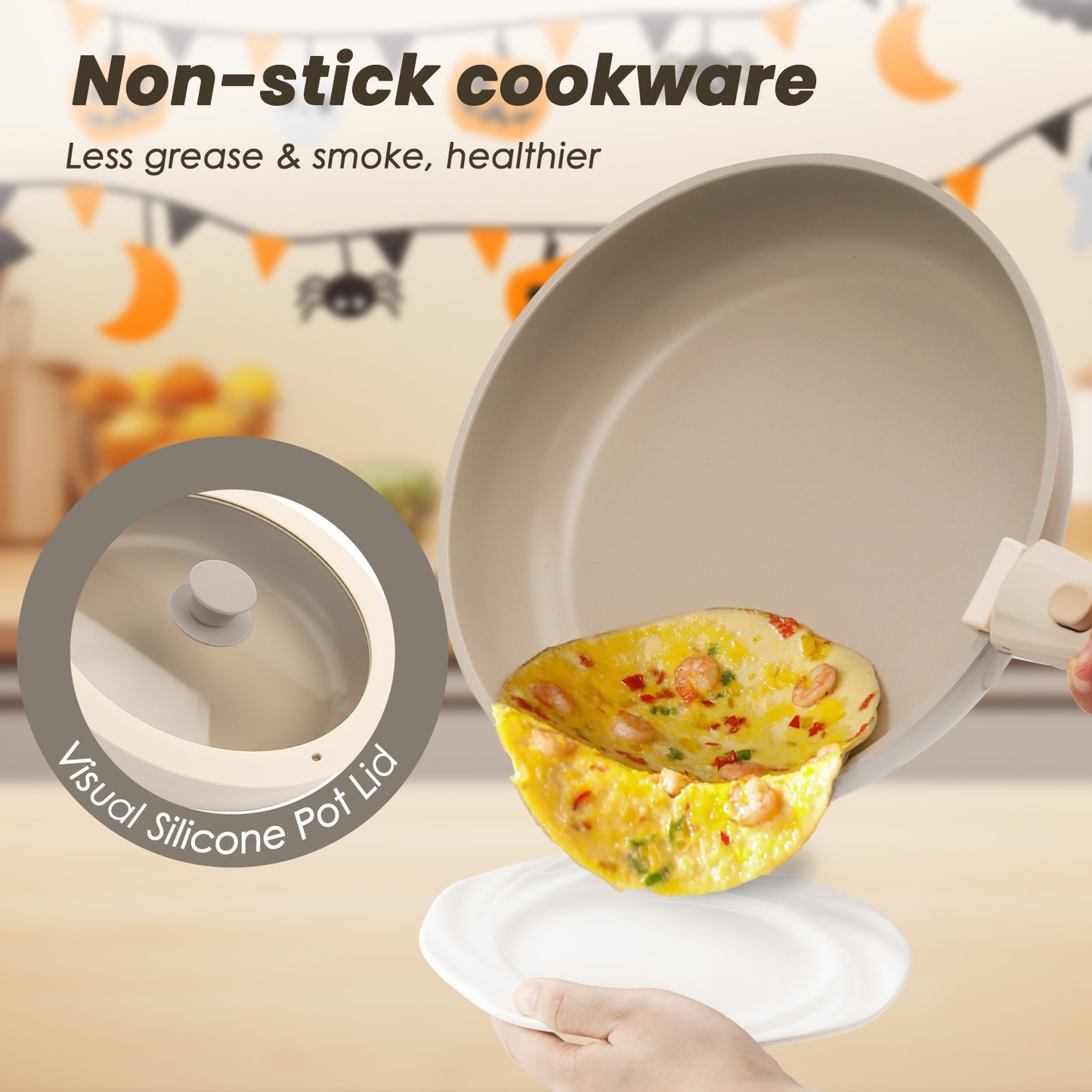 Kikcoin 20pcs Non-Stick Cookware Set, Non-Toxic Coating Pot & Pan Set with Removable Handles, Induction/Oven Safe to Use(Beige)