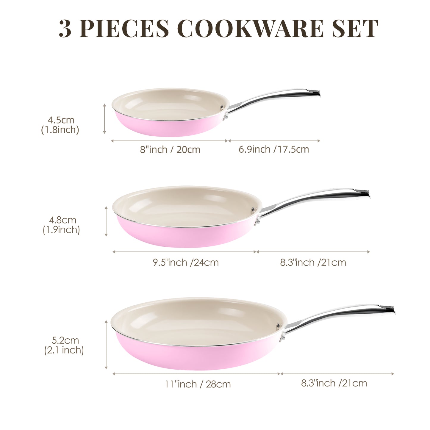 Kikcoin 3 pack Non-Stick Ceramic Frying Pan Set, Healthy Cookware Skillet Set with Stay Cool Handles, Induction Safe, Beige and Pink(8"+9.5"+11")