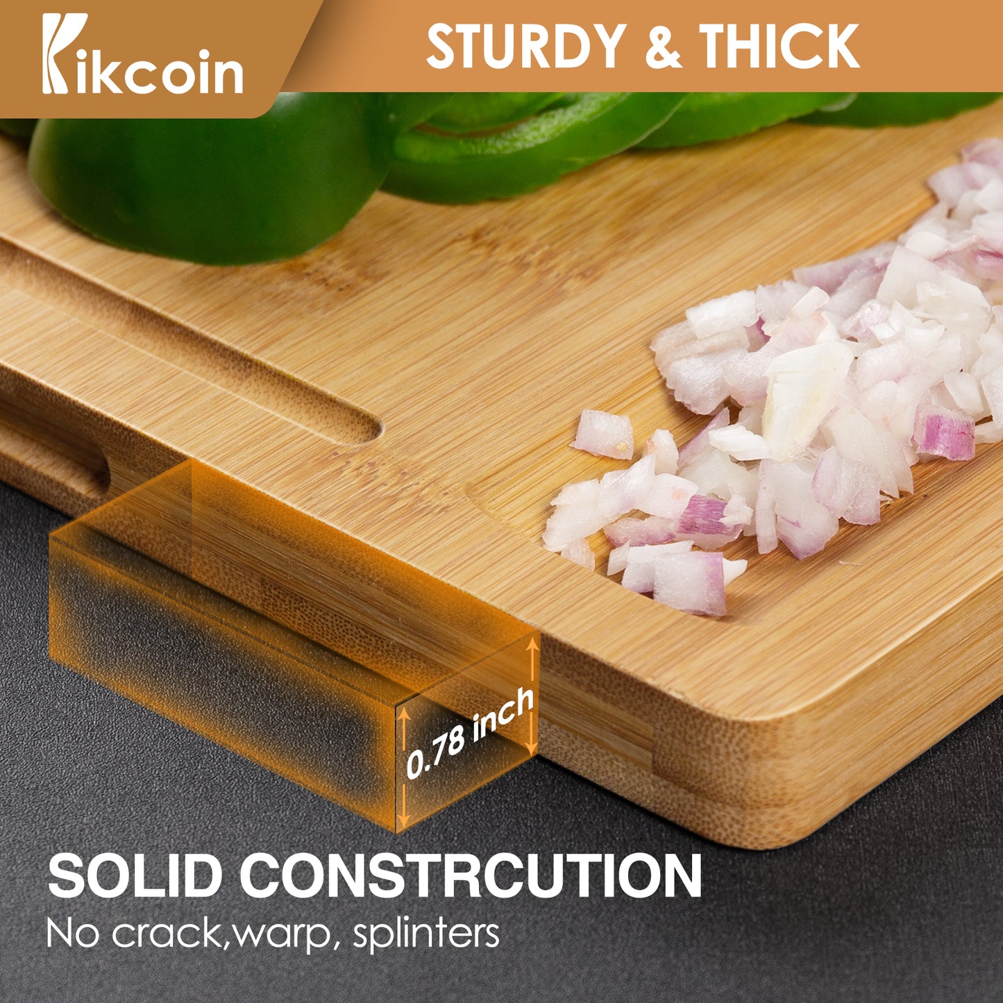 Bamboo Cutting Boards for Kitchen, (Set of 3) Kitchen Chopping Board with 3 Built-In Compartments and Juice Groove Heavy Duty Serving Tray Wood Butcher Block and Wooden Carving Board, Kikcoin