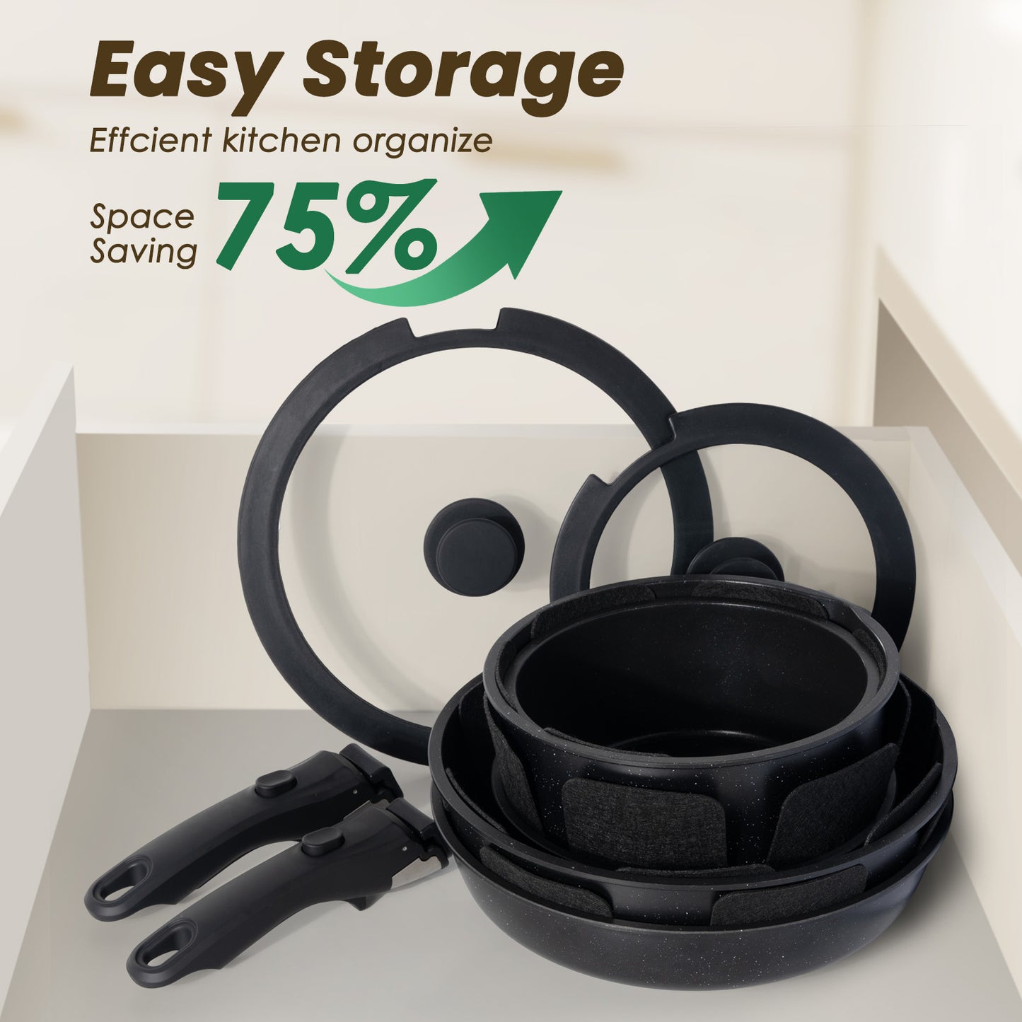Kikcoin 20pcs Non-Stick Cookware Set, Non-Toxic Coating Pot & Pan Set with Removable Handles, Induction/Oven Safe to Use(Black)