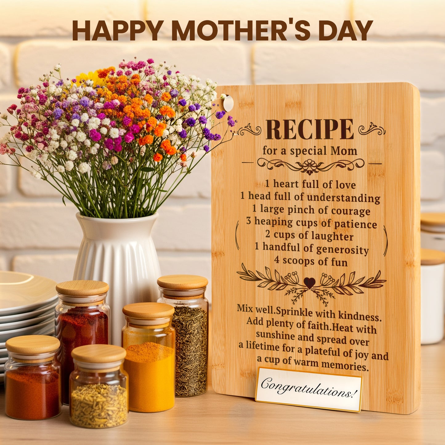 Kikcoin Cutting Board, 13.8" Engraved Gift for Mom, Bamboo Chopping Board for Kitchen, Mother's Day, Thanksgiving, Christmas Gift – Recipe for a Special Mom