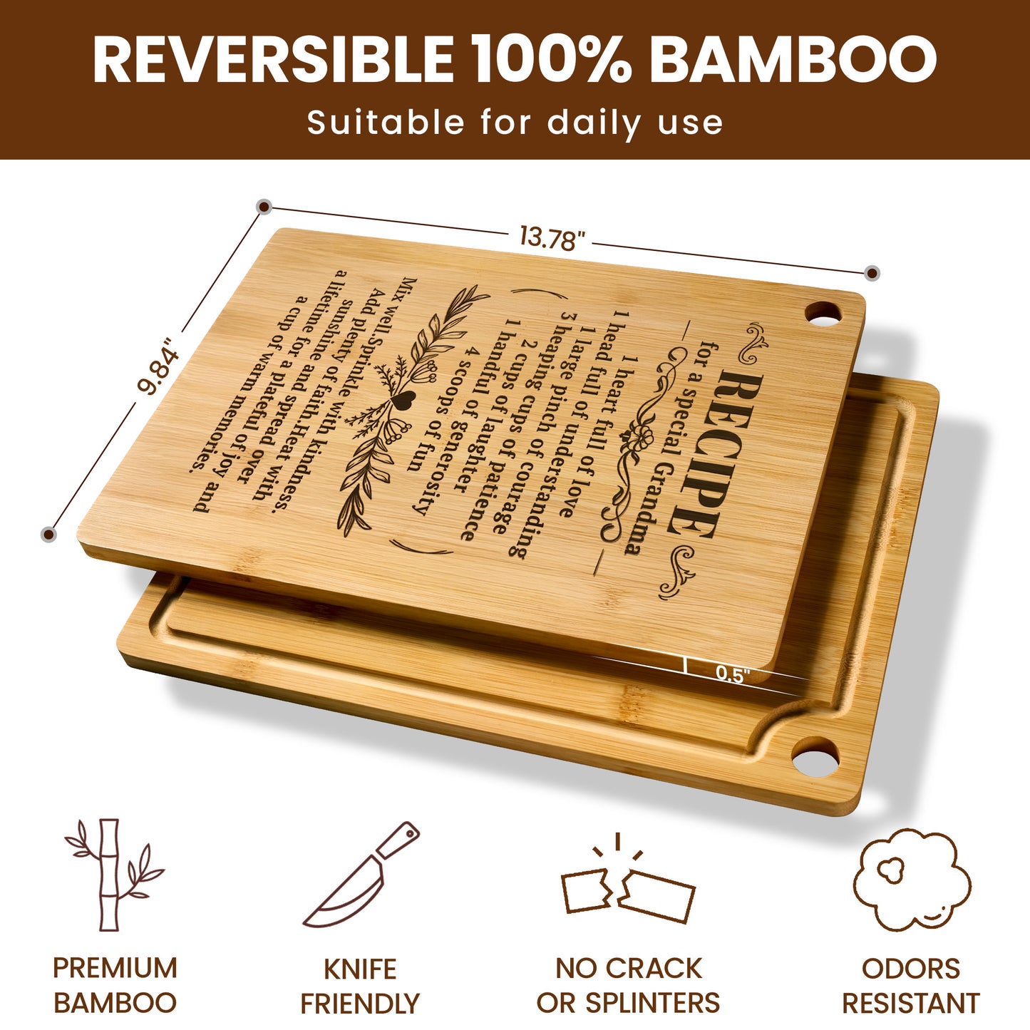 Kikcoin Bamboo Cutting Board, 13.78" Engraved Gift Chopping Board for Grandma, Thanksgiving, Birthday, Christmas Gifts - Recipe for a Special Grandma