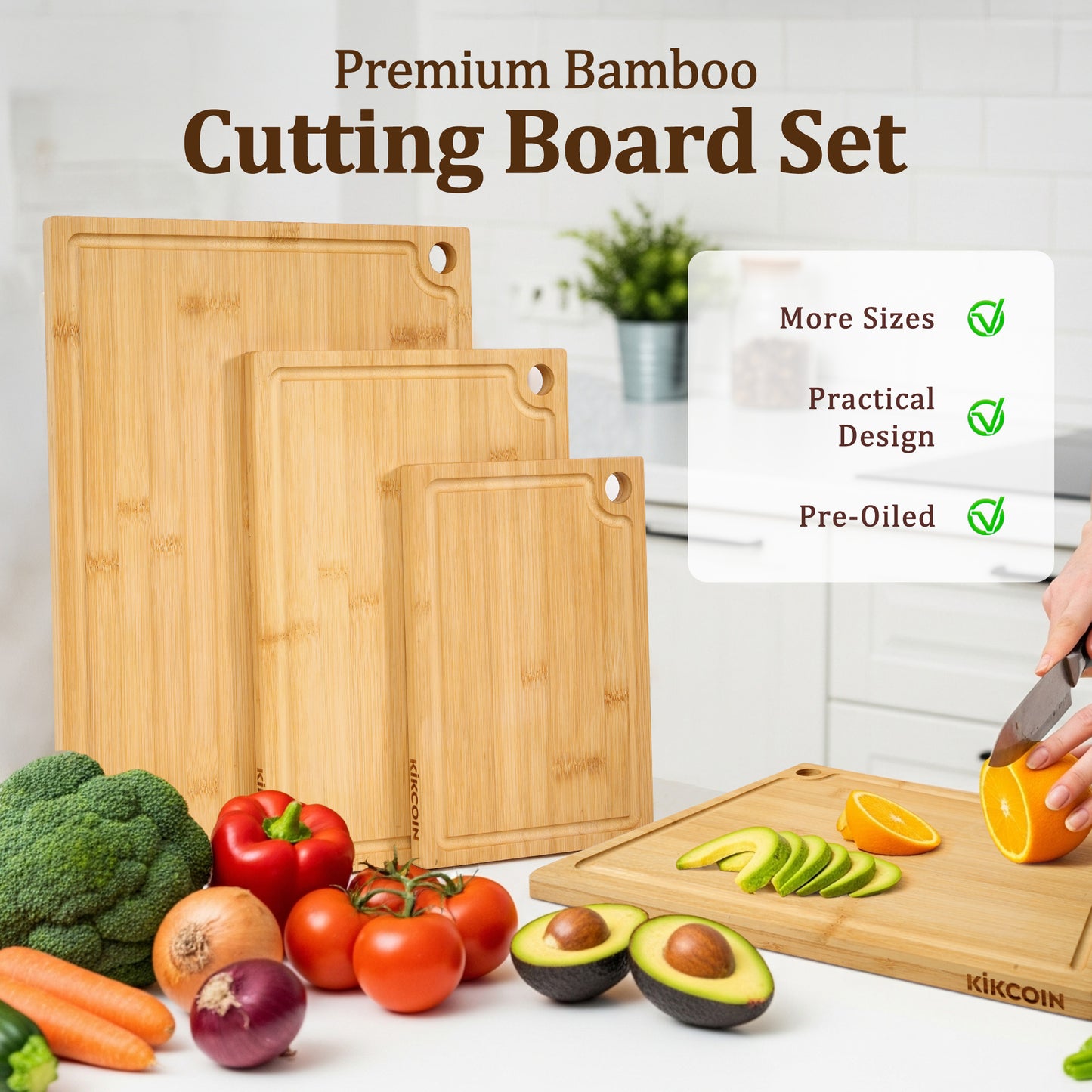 Kikcoin Bamboo Cutting Board, 3 Pcs Cutting Board with 3 Hooks, Wood Chopping Boards for Kitchen, Deep Juice Groove for Vegetables and Meat