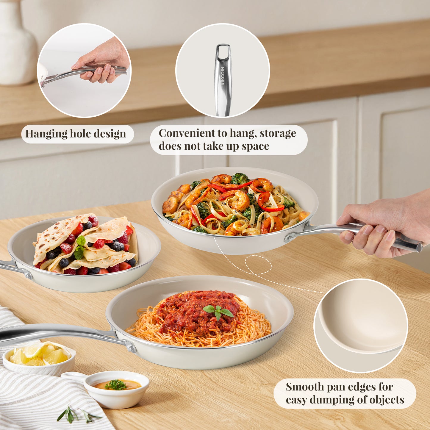Kikcoin 3 pack Non-Stick Ceramic Frying Pan Set, Healthy Cookware Skillet Set with Stay Cool Handles, Induction Safe, Beige and Khaki (8"+9.5"+11")