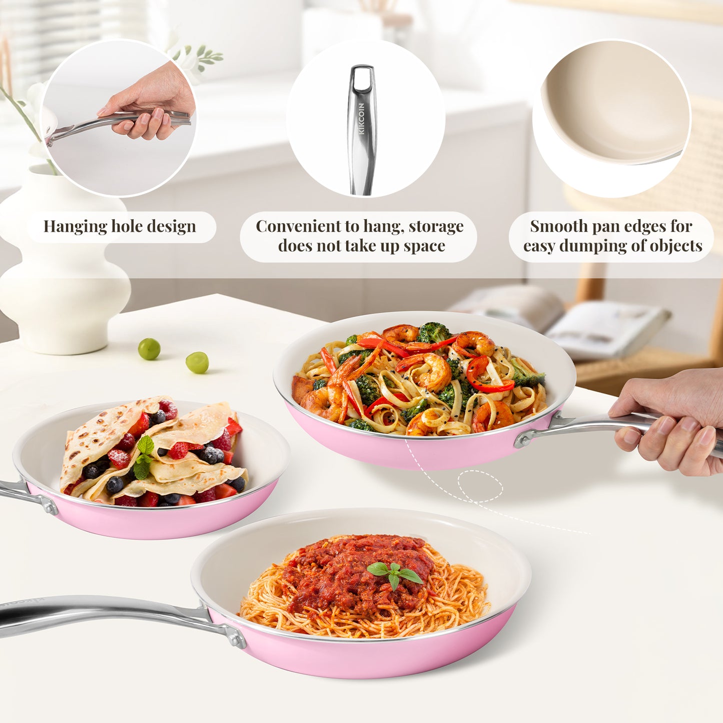 Kikcoin 3 pack Non-Stick Ceramic Frying Pan Set, Healthy Cookware Skillet Set with Stay Cool Handles, Induction Safe, Beige and Pink(8"+9.5"+11")