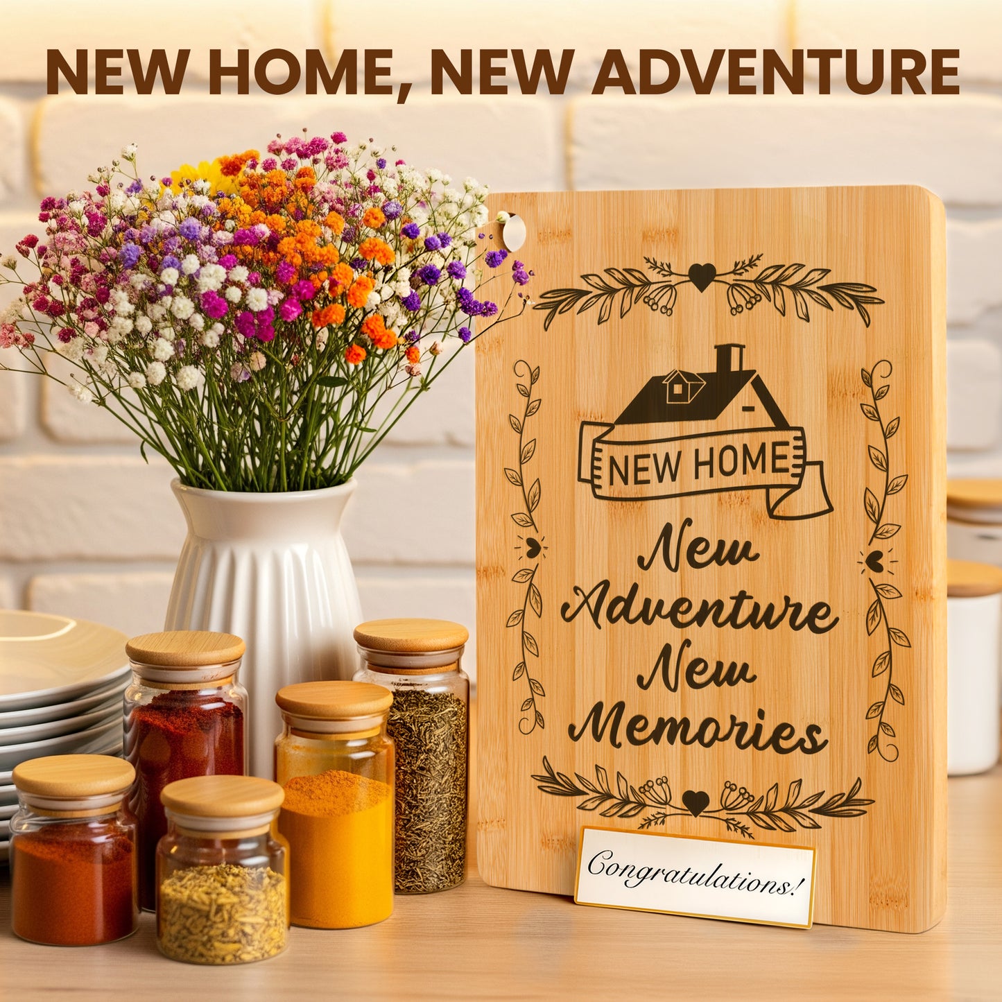 Kikcoin Cutting Board, 13.78" Moving-in Gift Carved Cutting Board, Perfect for Couples, Neighbors, Friends, and Family – New Adventure, New Memories