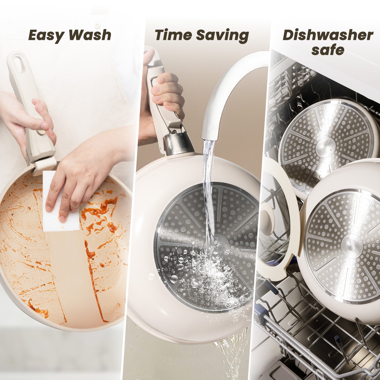 Kikcoin 22 pieces Pots and Pans Set Non-toxic, Nonstick Cookware Set with Detachable Handles, Dishwasher Safe(Beige)