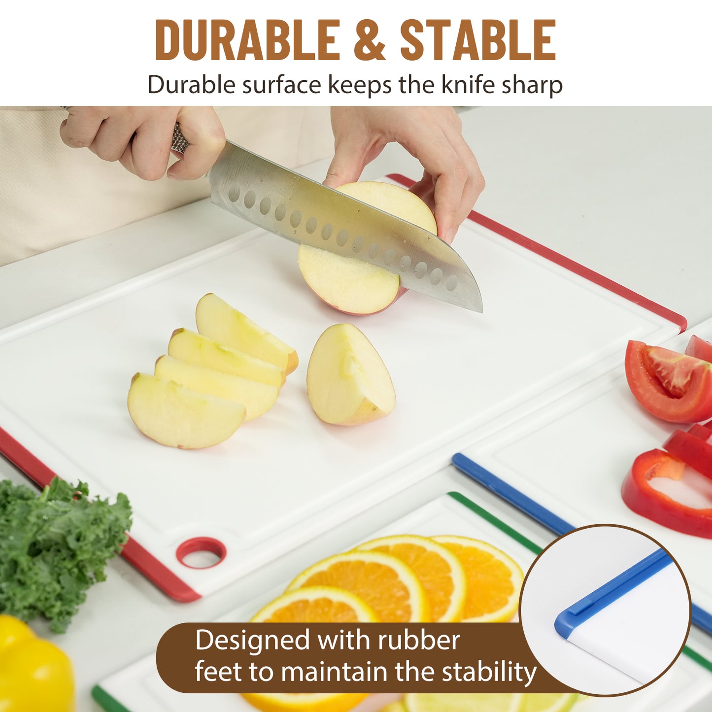 Kikcoin 3-Piece Plastic Large Cutting Boards Set for Kitchen, Non-slip Feet and Juice Grooves, Multicolor