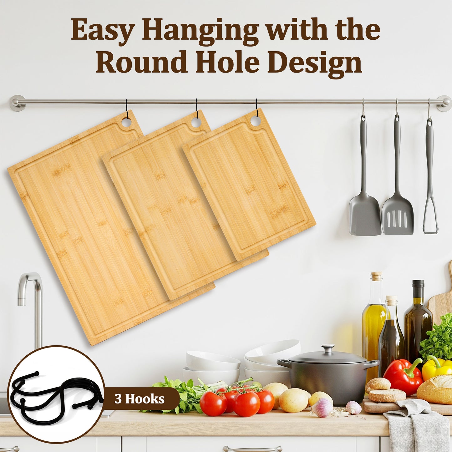 Kikcoin Bamboo Cutting Board, 3 Pcs Cutting Board with 3 Hooks, Wood Chopping Boards for Kitchen, Deep Juice Groove for Vegetables and Meat