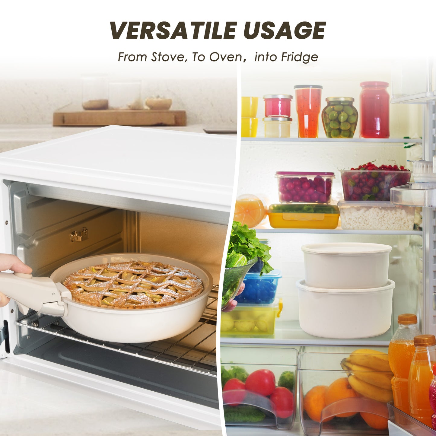 Kikcoin 22 pieces Pots and Pans Set Non-toxic, Nonstick Cookware Set with Detachable Handles, Dishwasher Safe(Beige)