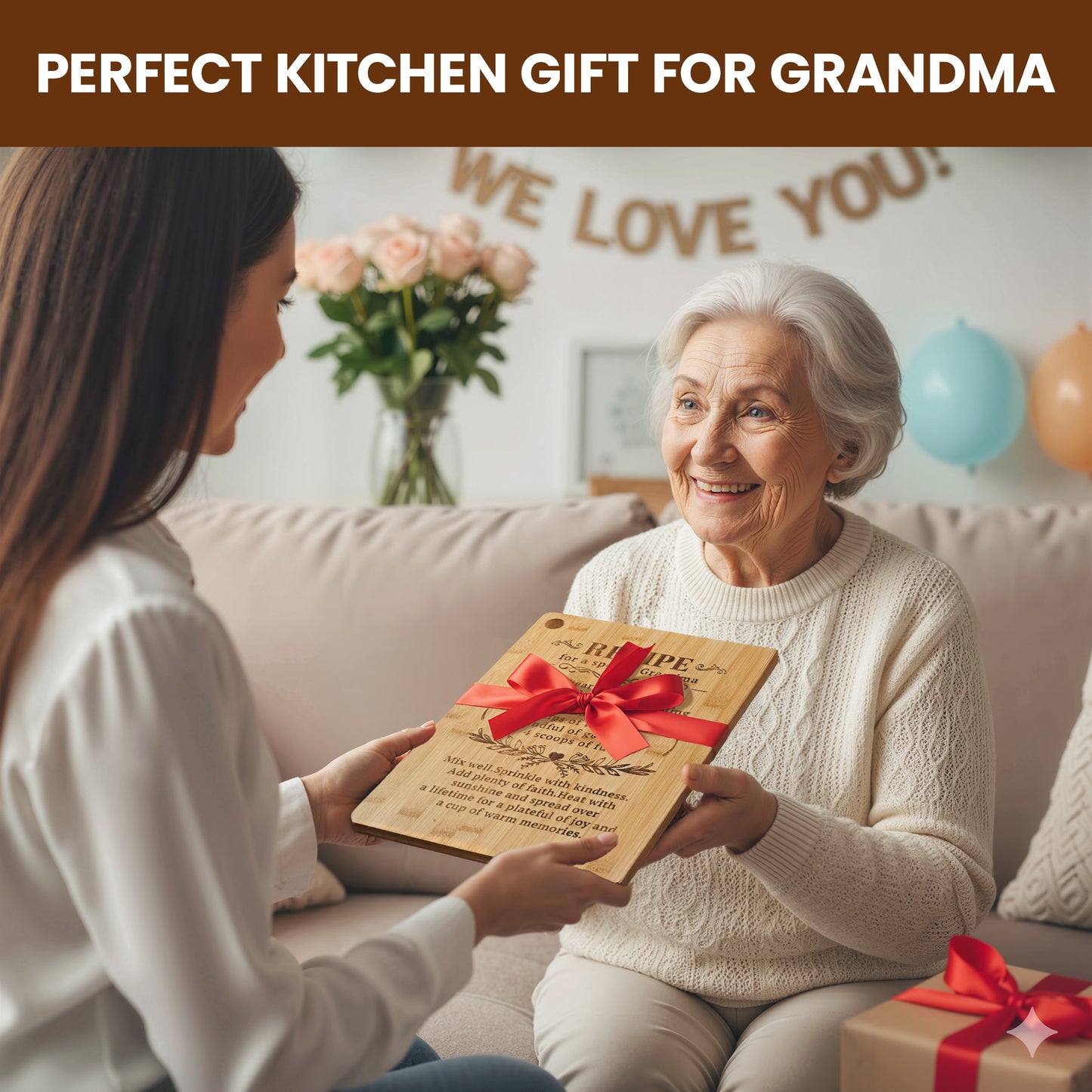 Kikcoin Bamboo Cutting Board, 13.78" Engraved Gift Chopping Board for Grandma, Thanksgiving, Birthday, Christmas Gifts - Recipe for a Special Grandma