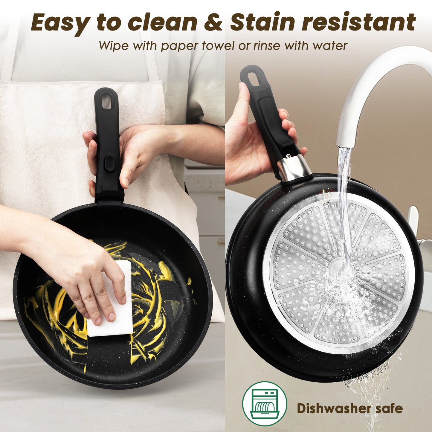 Kikcoin 20pcs Non-Stick Cookware Set, Non-Toxic Coating Pot & Pan Set with Removable Handles, Induction/Oven Safe to Use(Black)