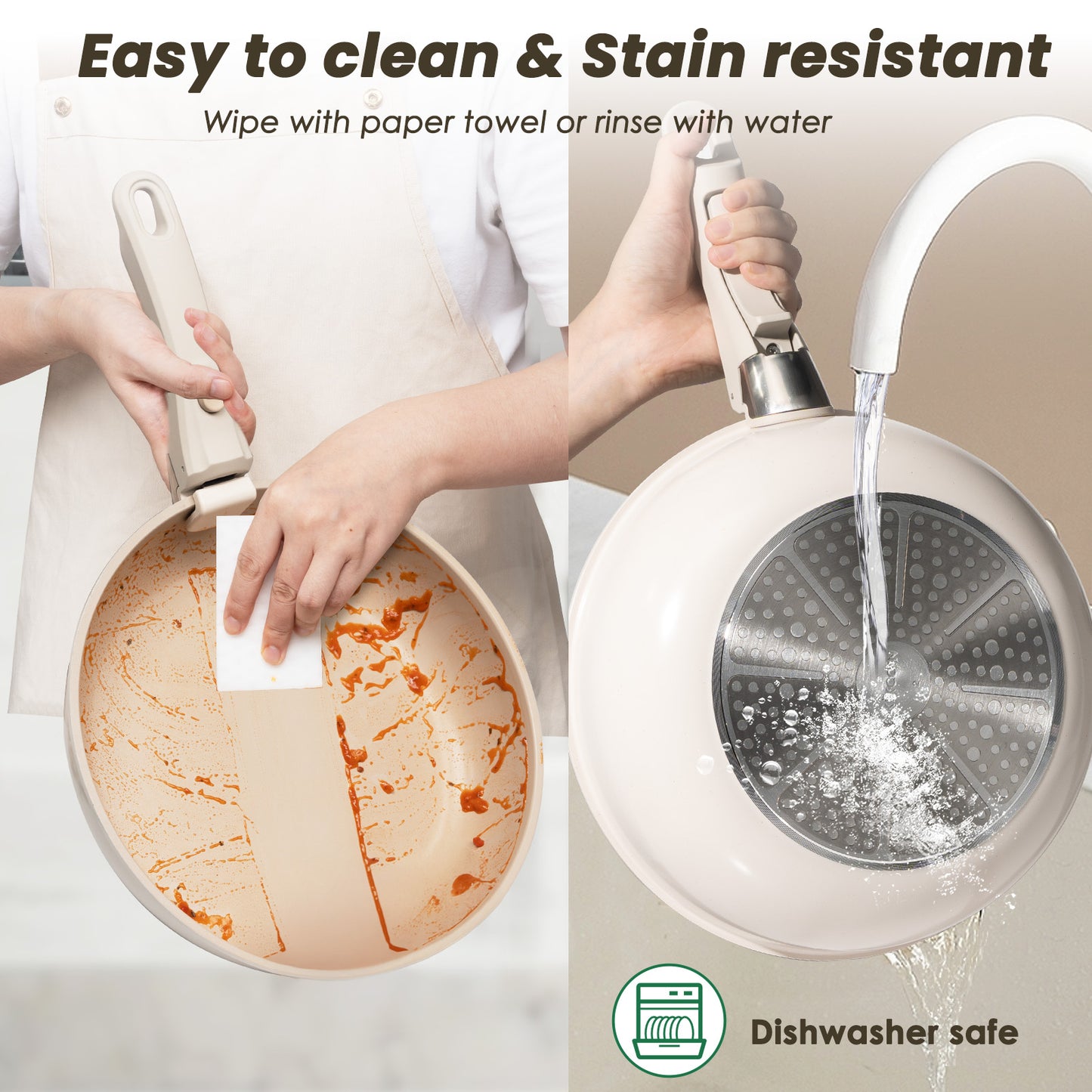Kikcoin 20pcs Non-Stick Cookware Set, Non-Toxic Coating Pot & Pan Set with Removable Handles, Induction/Oven Safe to Use(Beige)