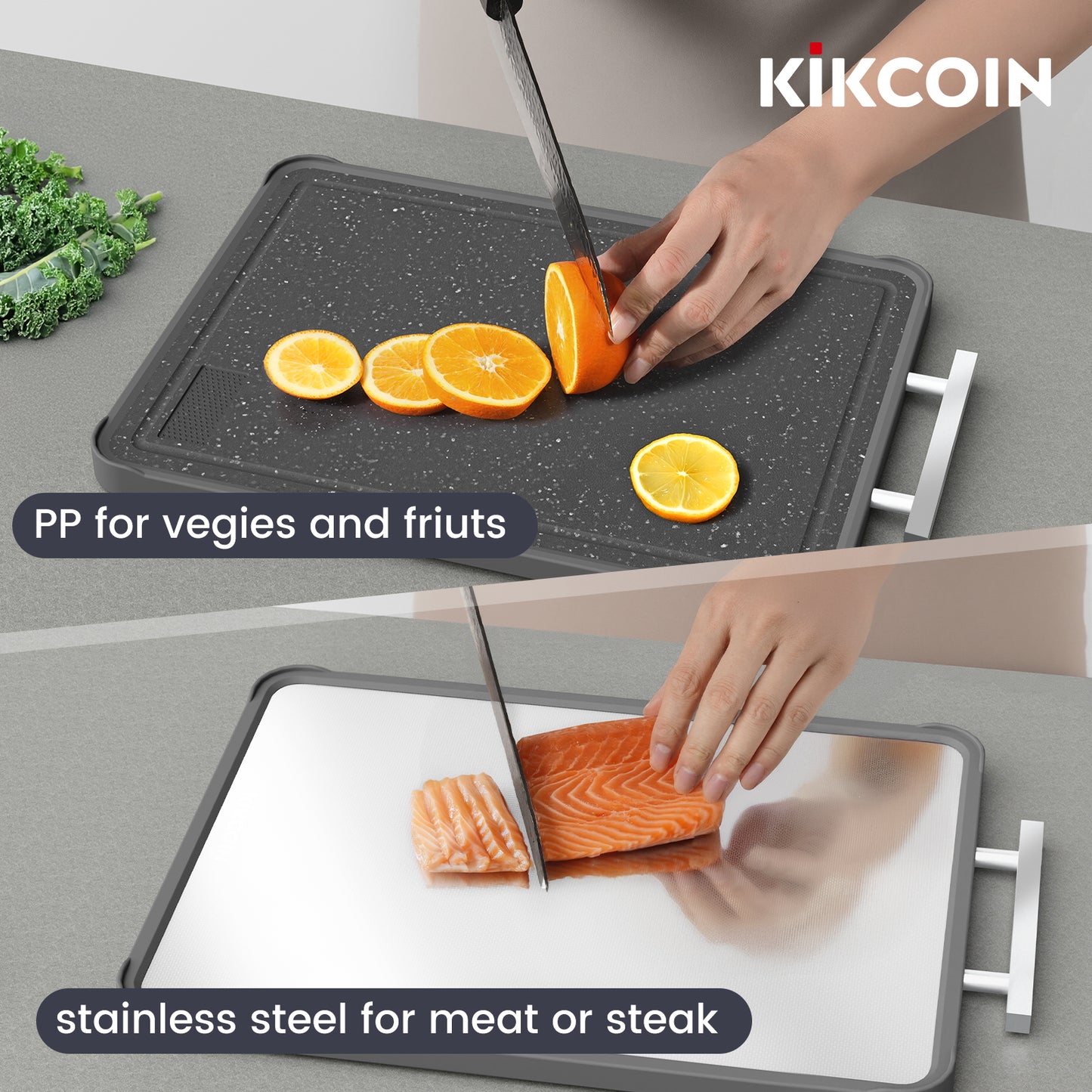 Kikcoin Stainless Steel Cutting Board, Double Sided Titanium Cutting Boards for Kitchen, Stainless Steel and Wheat Straw PP Large Chopping Board