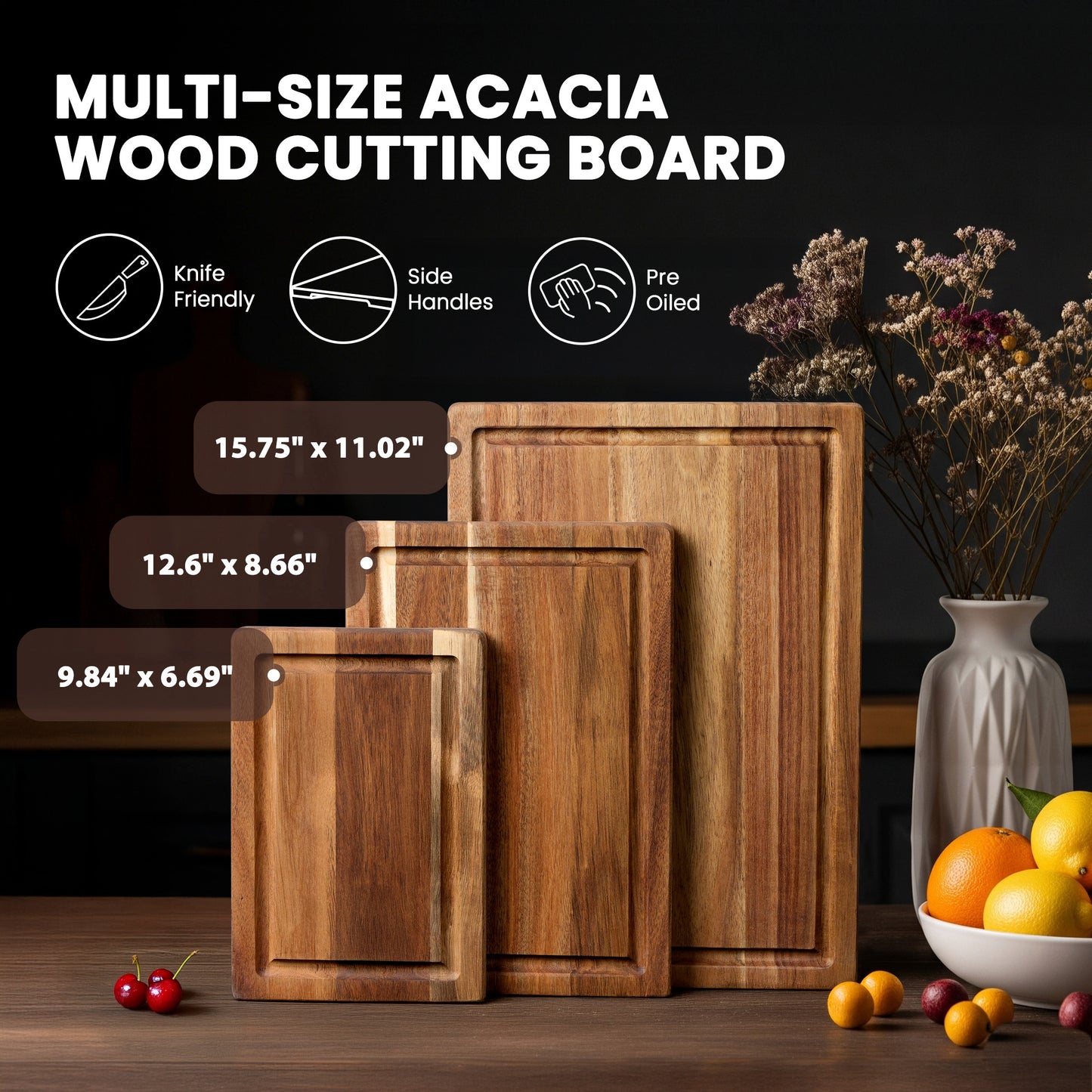 Kikcoin Acacia Wood Cutting Board, Cutting Board Set of 3 with Juice Groove, Wooden Chopping Boards for Kitchen, for Meat & Vegetables