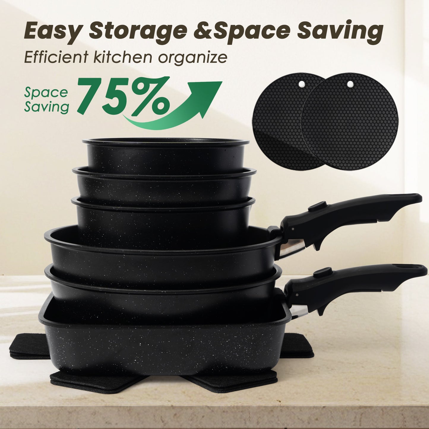 Kikcoin 22 pieces Pots and Pans Set Non-toxic, 6 Nonstick pots Cookware Set with Detachable Handles, Dishwasher Safe(Black)