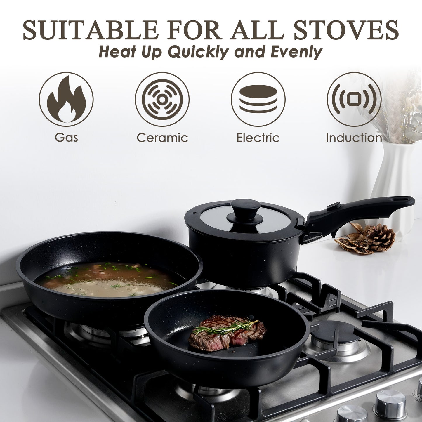 Kikcoin Pots and Pans Set, 6 Pcs Nontoxic Cookware Set for Kitchen, Detachable Handle Dishwasher/Oven Safe, Black