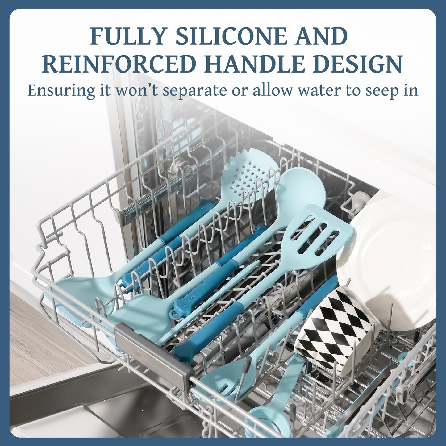 Kikcoin 43Pcs Large Kitchen Utensils Set - Silicone Cooking Utensils Set, Dishwasher Safe Spatula Set for Non-stick Cookware, 446°F Heat Resistant Kitchen Utensils Set with Holder BPA Free, Blue