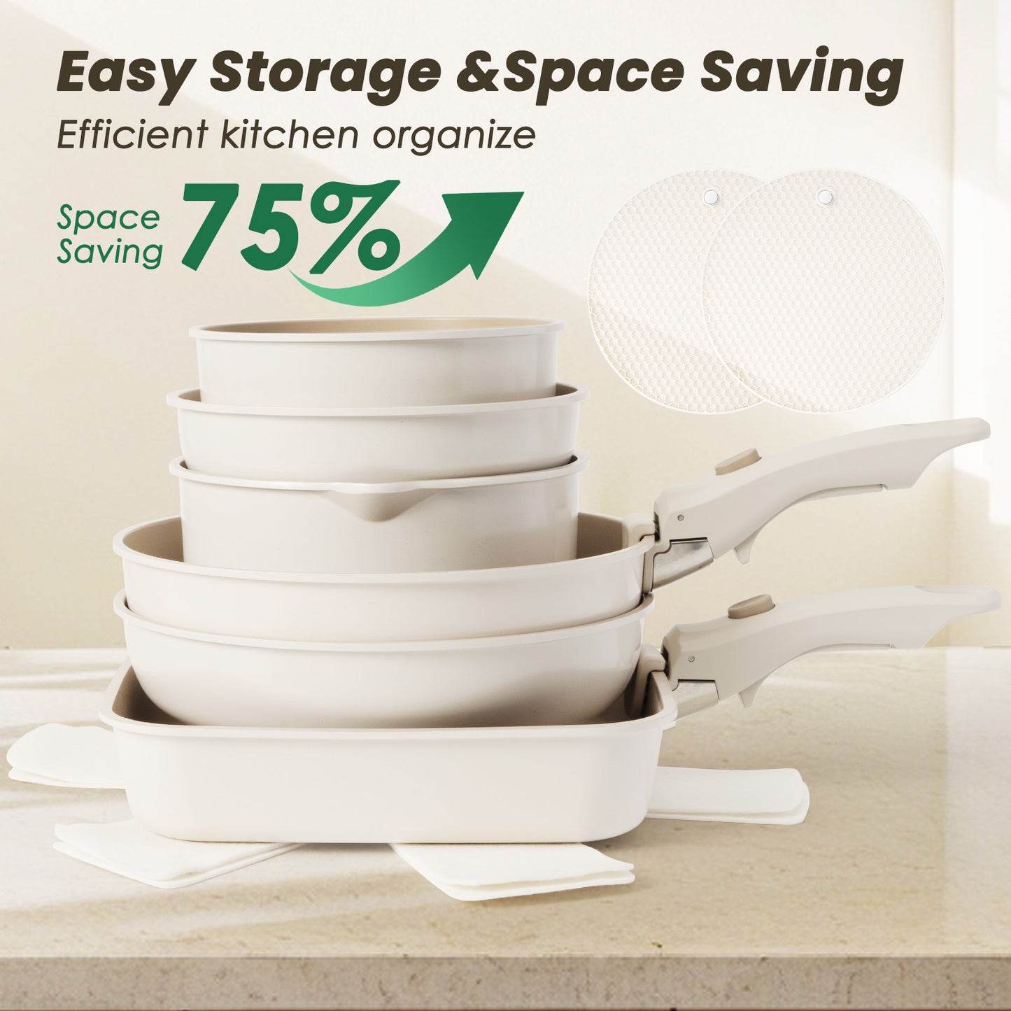 Kikcoin 22 pieces Pots and Pans Set Non-toxic, Nonstick Cookware Set with Detachable Handles, Dishwasher Safe(Beige)