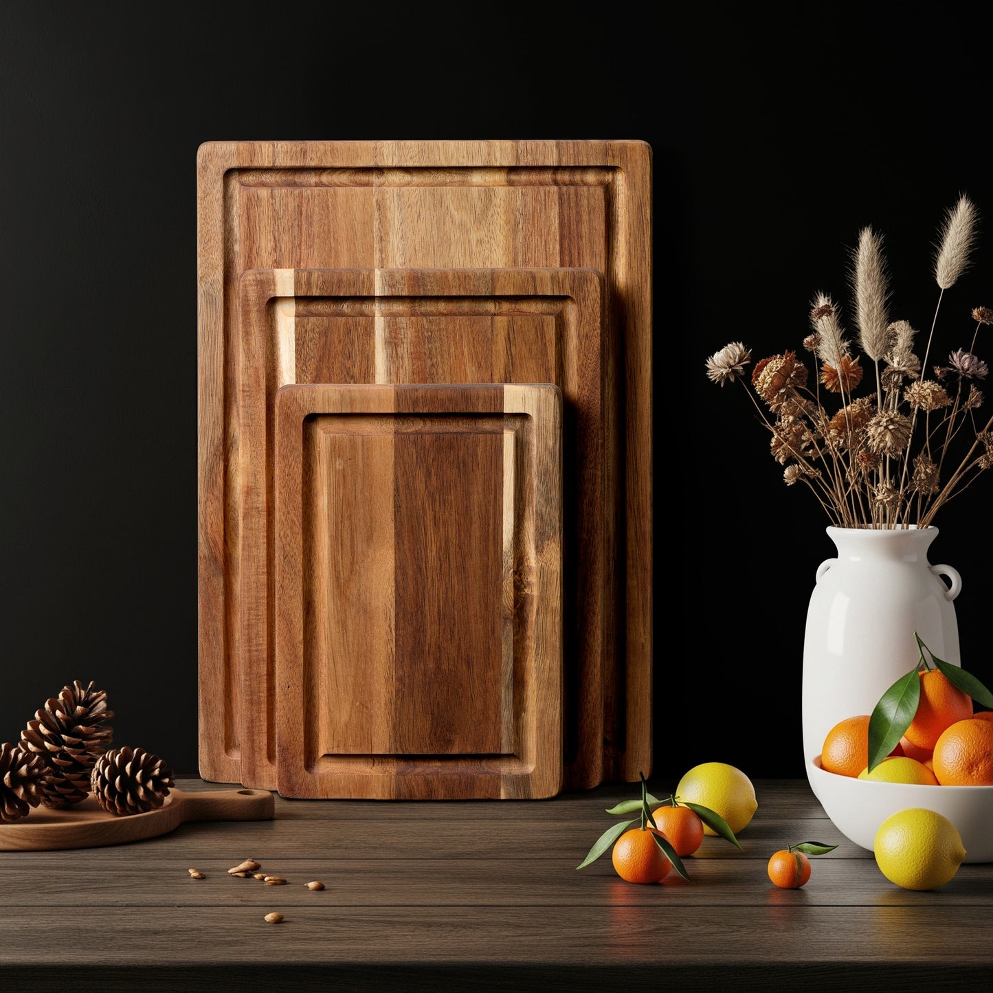 Kikcoin Acacia Wood Cutting Board, Cutting Board Set of 3 with Juice Groove, Wooden Chopping Boards for Kitchen, for Meat & Vegetables