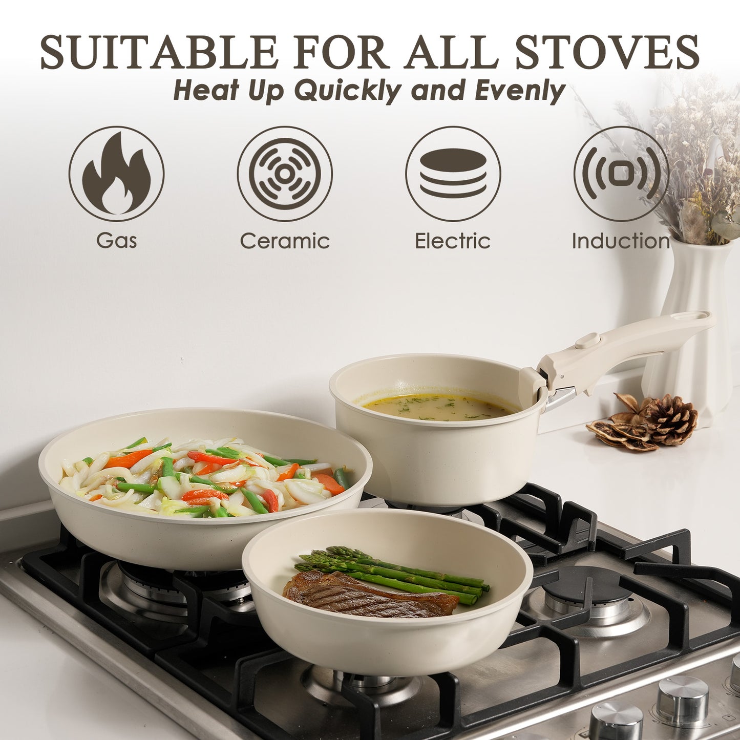 Kikcoin Pots and Pans Set, 6 Pcs Nontoxic Cookware Set for Kitchen, Detachable Handle Dishwasher/Oven Safe, Cream White