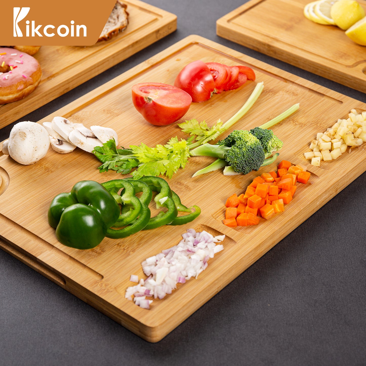 Bamboo Cutting Boards for Kitchen, (Set of 3) Kitchen Chopping Board with 3 Built-In Compartments and Juice Groove Heavy Duty Serving Tray Wood Butcher Block and Wooden Carving Board, Kikcoin