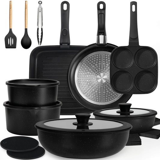 KIKCOIN 24 Pack Pots and Pans Set Non Stick, Detachable Handle Cookware Set, Induction RV Kitchen Cooking Set with Removable Handle, Frying Pans, Egg Pan - Dishwasher/Oven Safe, PFOA Free