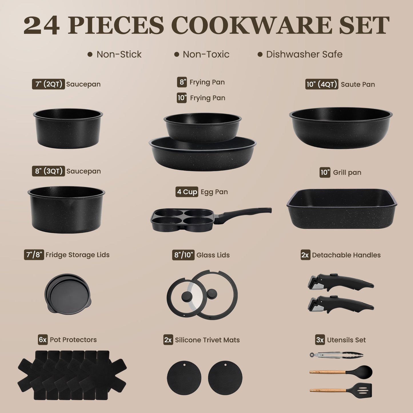 KIKCOIN 24 Pack Pots and Pans Set Non Stick, Detachable Handle Cookware Set, Induction RV Kitchen Cooking Set with Removable Handle, Frying Pans, Egg Pan - Dishwasher/Oven Safe, PFOA Free