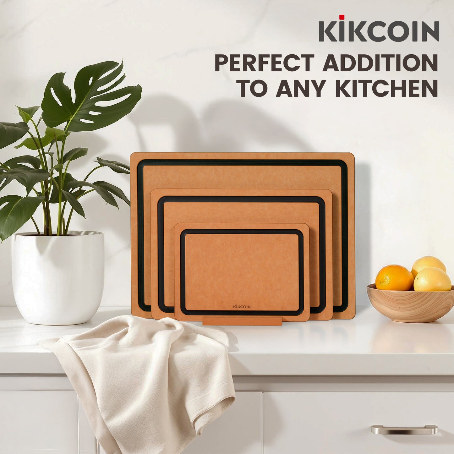 Wood Cutting Board Set of 3, Cutting Boards for Kitchen with Holder Dishwasher Safe Non-slip Chopping Board with Juice Groove, Wood Fiber Composite Cutting Boards, Kikcoin