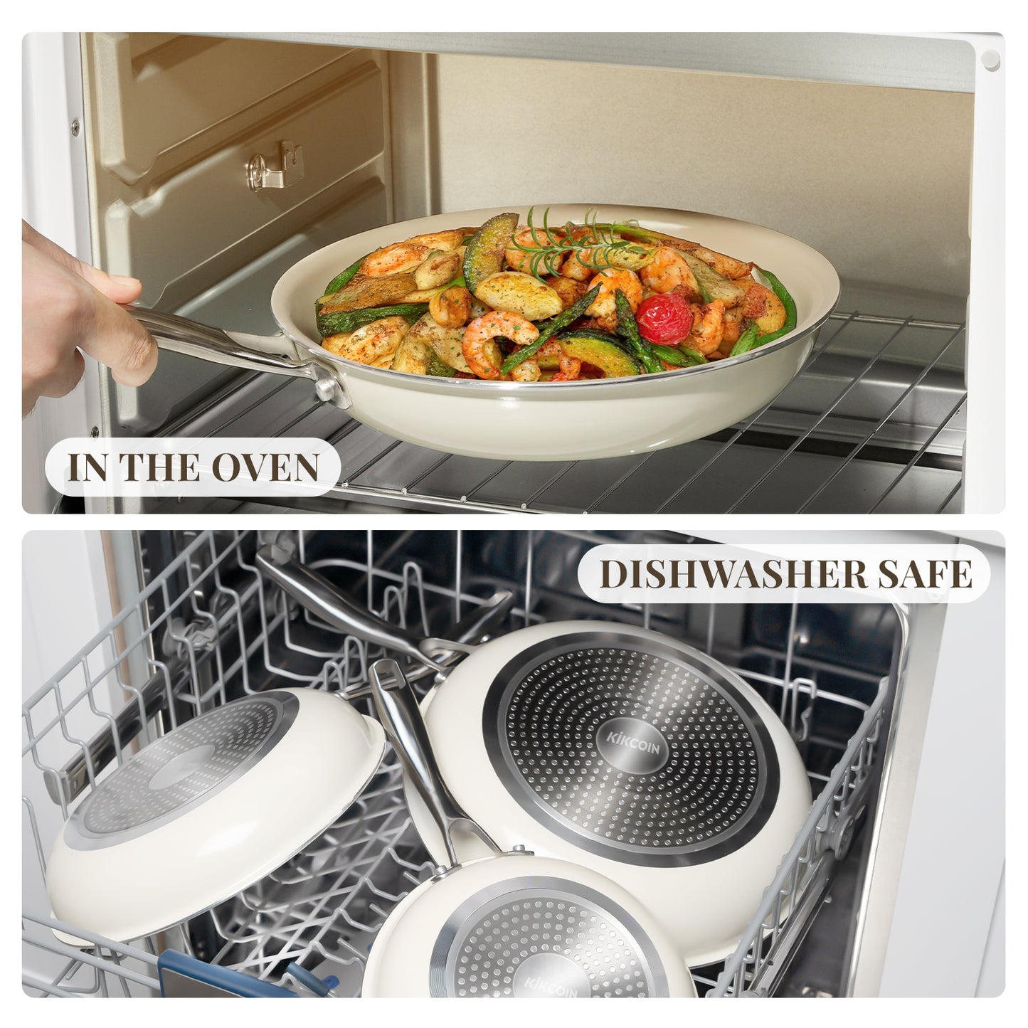 Kikcoin 3 pack Non-Stick Ceramic Frying Pan Set, Healthy Cookware Skillet Set with Stay Cool Handles, Induction Safe, Beige and Khaki (8"+9.5"+11")