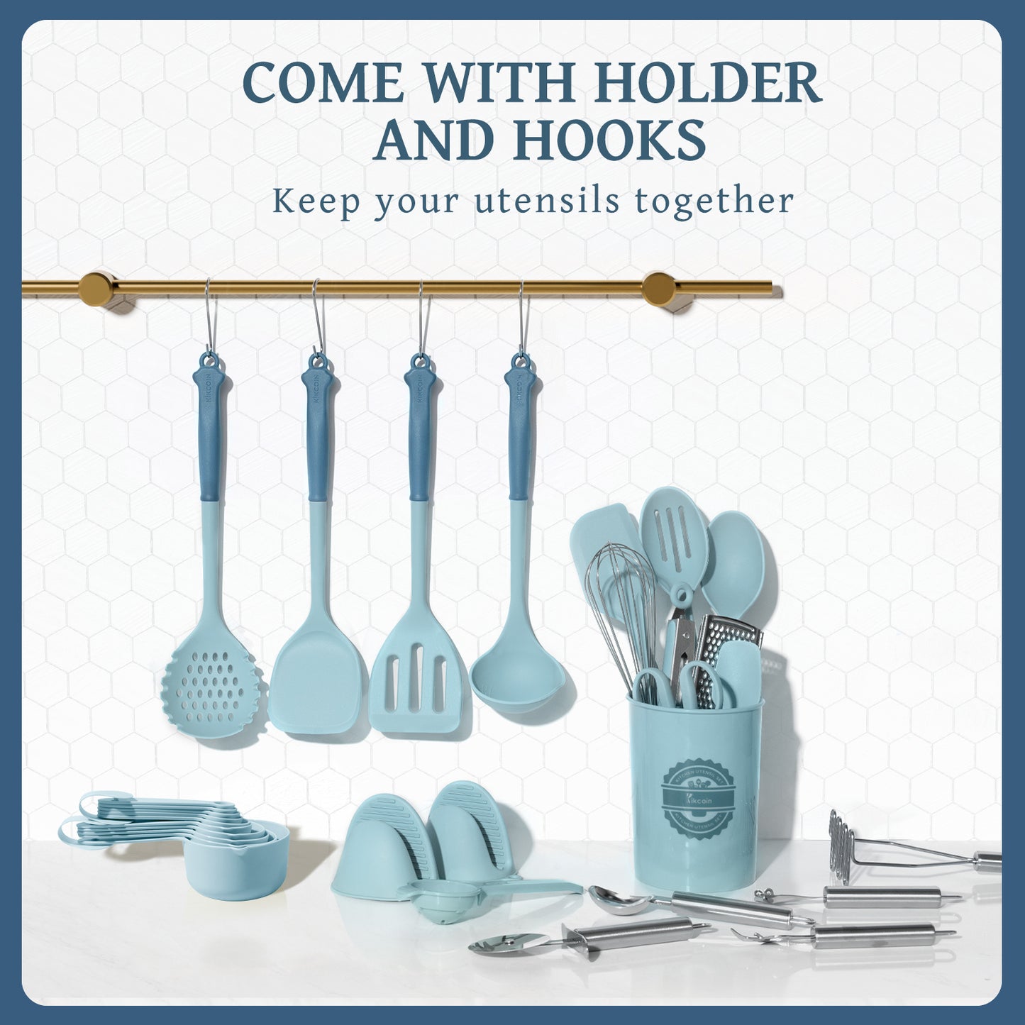 Kikcoin 43Pcs Large Kitchen Utensils Set - Silicone Cooking Utensils Set, Dishwasher Safe Spatula Set for Non-stick Cookware, 446°F Heat Resistant Kitchen Utensils Set with Holder BPA Free, Blue