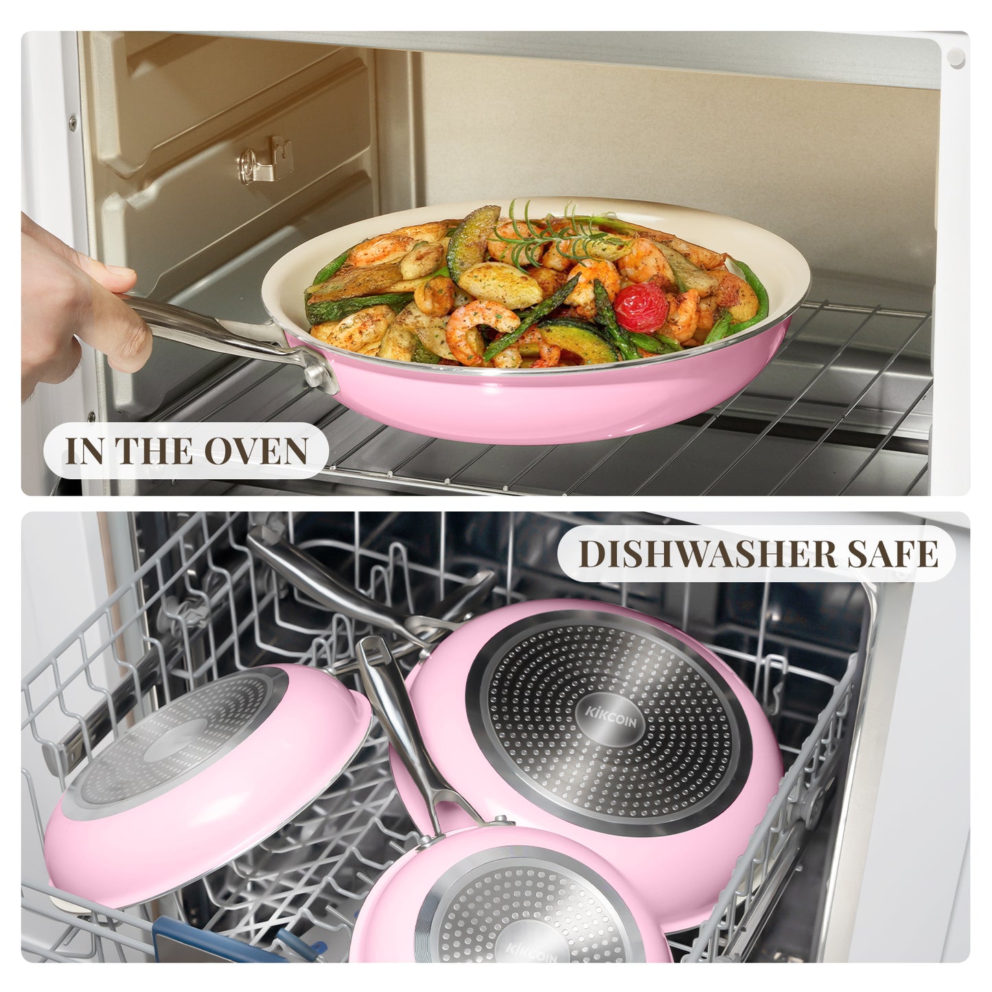 Kikcoin 3 pack Non-Stick Ceramic Frying Pan Set, Healthy Cookware Skillet Set with Stay Cool Handles, Induction Safe, Beige and Pink(8"+9.5"+11")