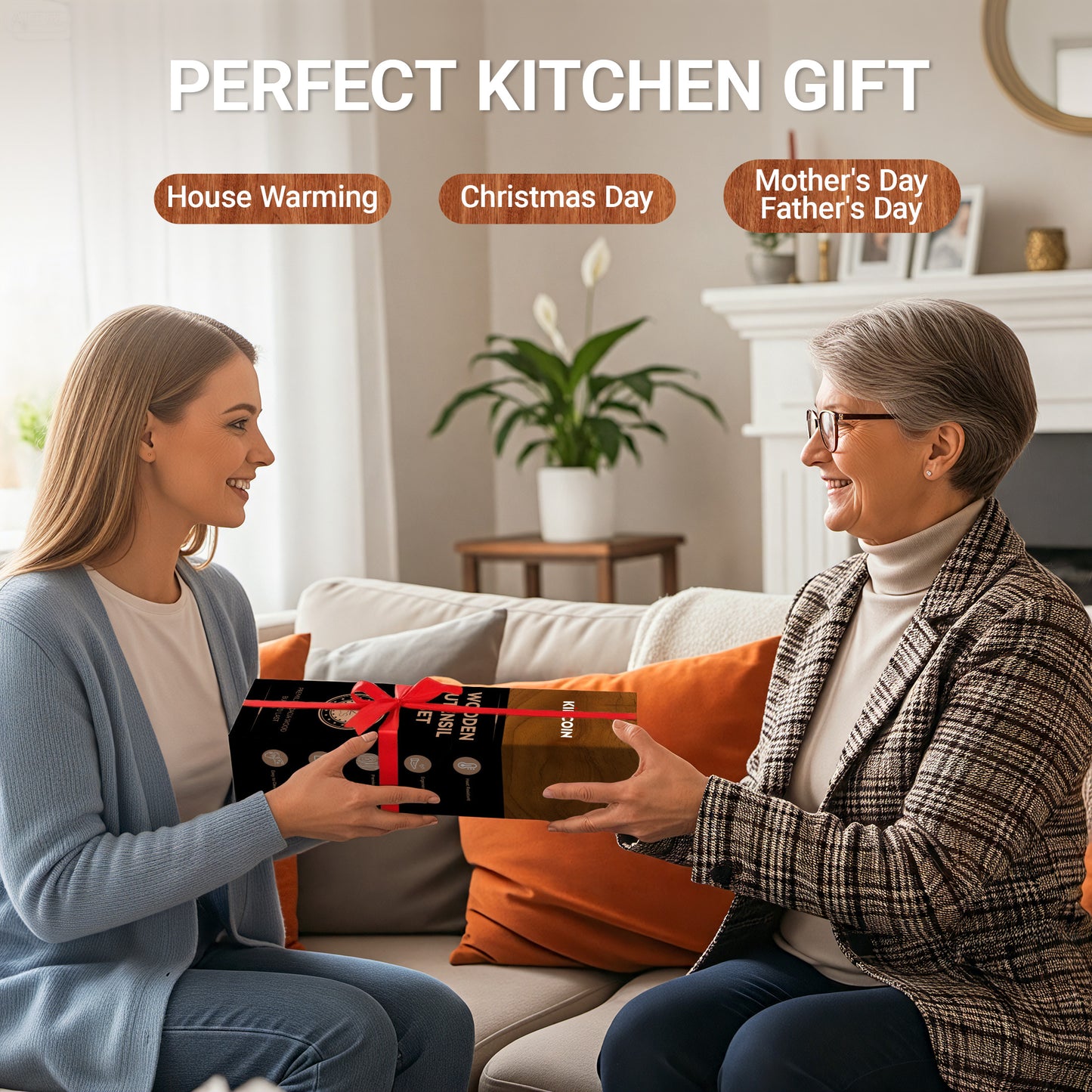 Kikcoin Wooden Cooking Utensil Set, 12 Pcs Acacia Wood Spoons for Cooking, Kitchen Utensils Set for Nonstick Pots, 6 Hooks Included, Heat Resistant