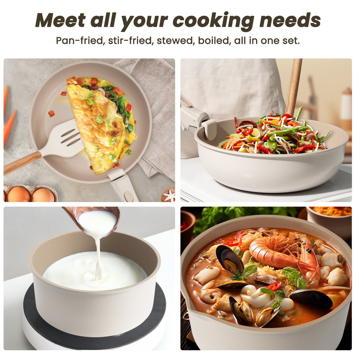 Kikcoin 22 pieces Pots and Pans Set Non-toxic, Nonstick Cookware Set with Detachable Handles, Dishwasher Safe(Beige)